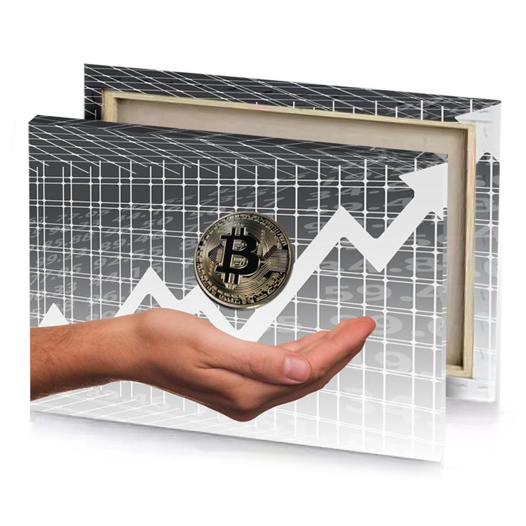 a hand holding bit coin over graph platinum canvas