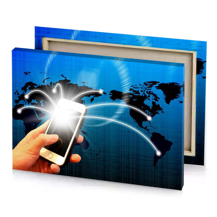a hand holding cell phone with network connection lapis lazuli canvas
