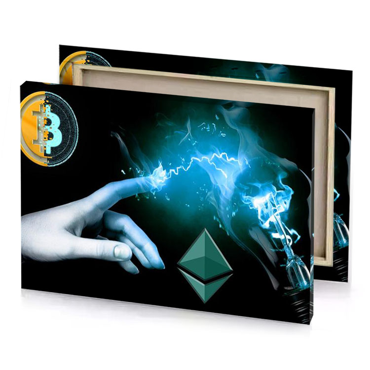 a hand holding light bulb with green coming out of dark cyan canvas