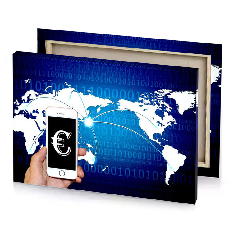 a hand holding phone with world map in the background denim blue canvas