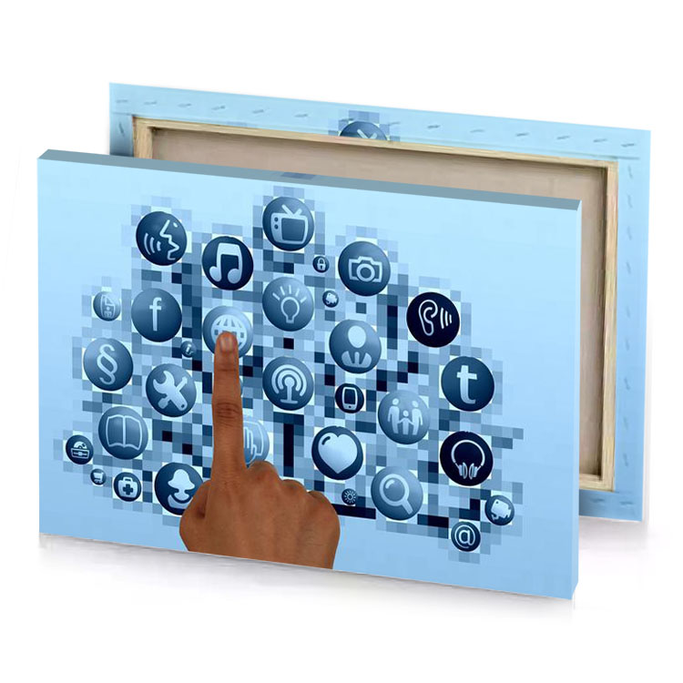 a hand pointing at bunch of social icons moonstone blue canvas