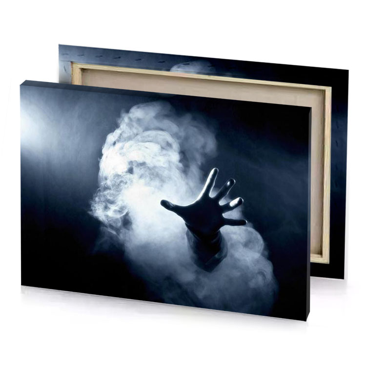 a hand reaching out from the smoke lavender canvas