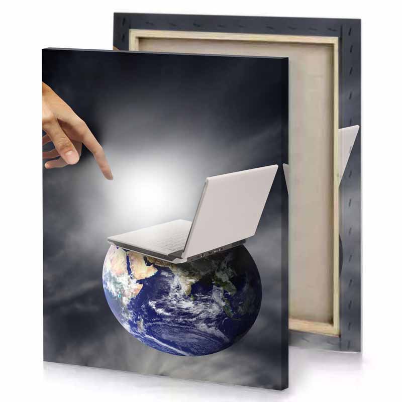 a hand reaching out to laptop on top of globe silver canvas