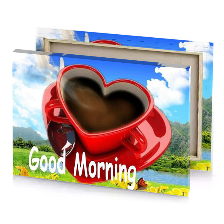 a heart shaped coffee cup with the words god morning lust canvas
