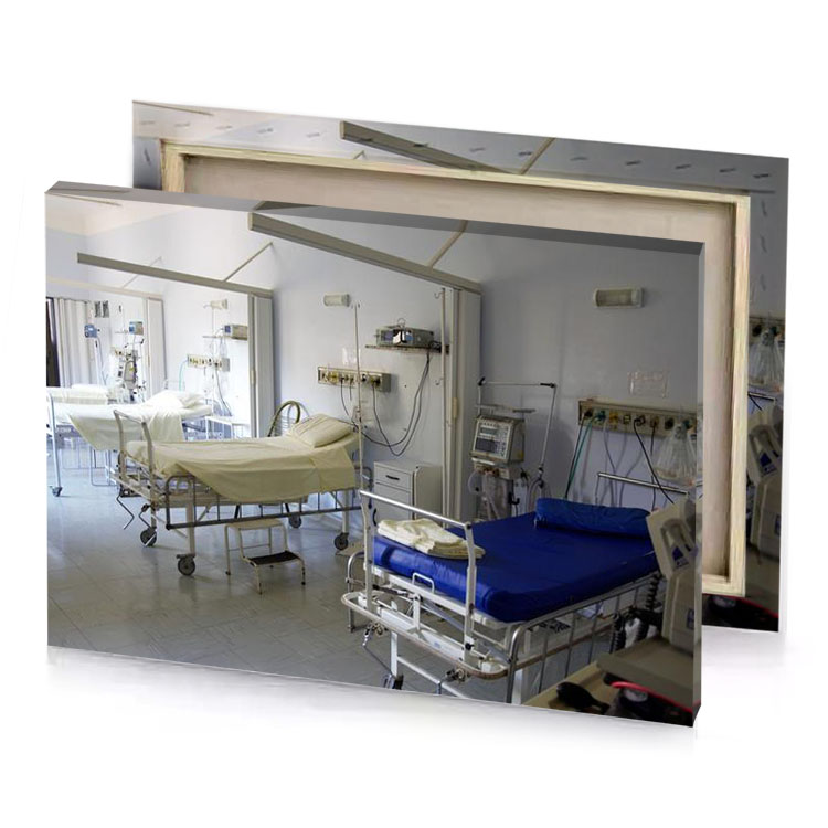 a hospital room with bed and chair prussian blue canvas