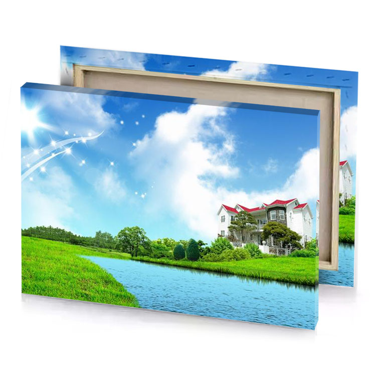 a house on the shore of lake with blue sky baby canvas
