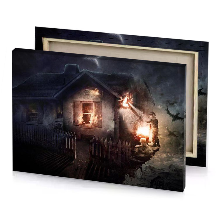 a house with fire in the middle of it rosy brown canvas