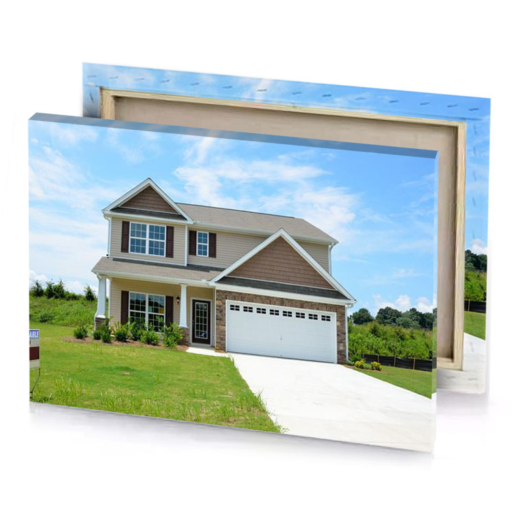 a house with white garage and brown roof silver canvas