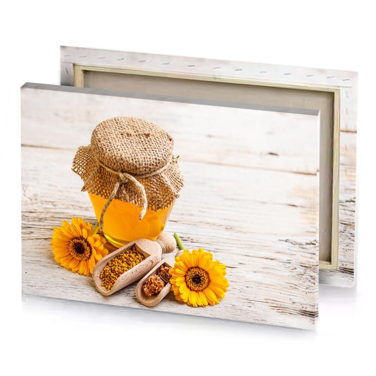 a jar of honey and some flowers on wooden table tangerine canvas
