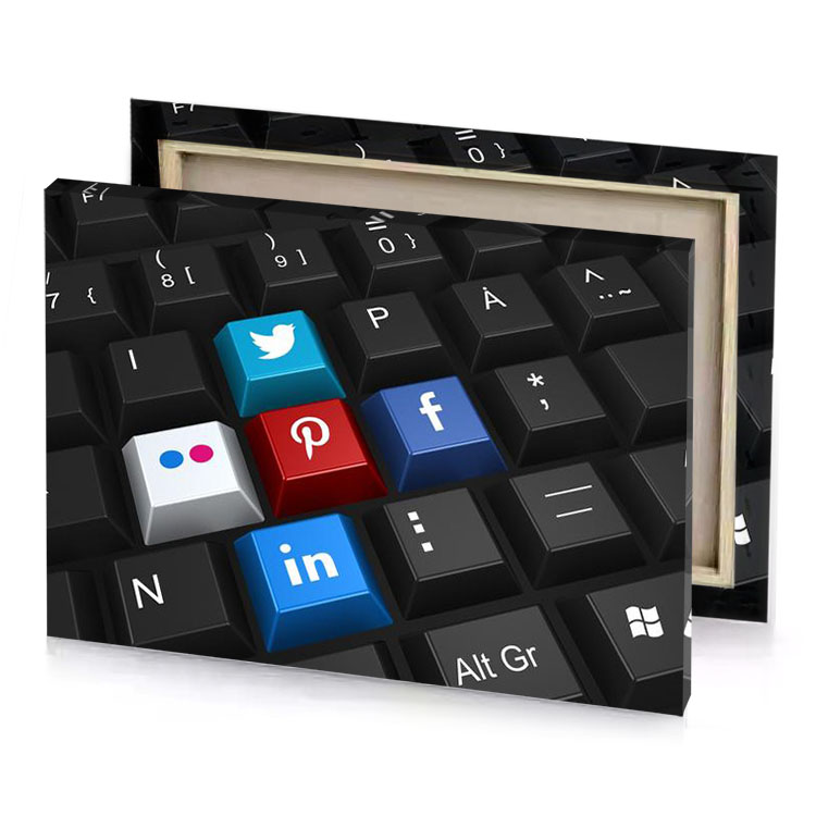 a keyboard with red and blue button on it brown canvas