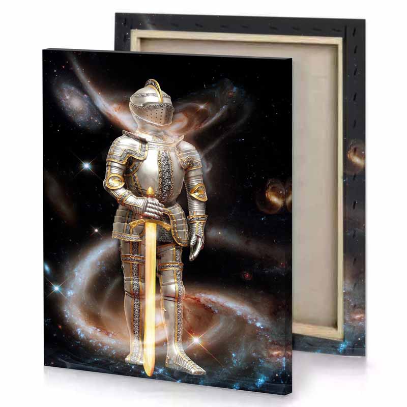 a knight in space suit with sword camouflage green canvas