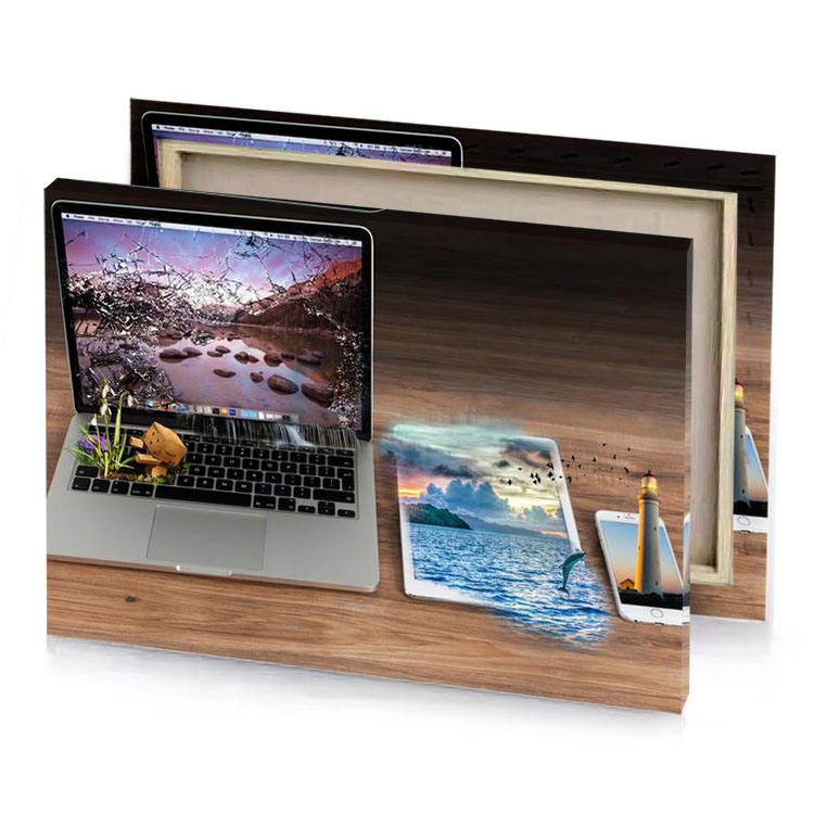 a laptop computer sitting on wooden table moonstone blue canvas