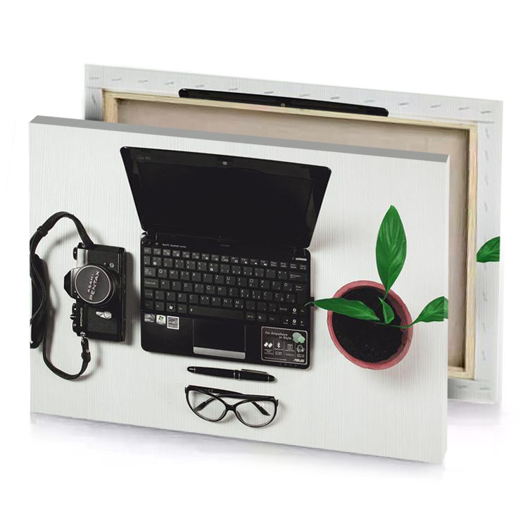a laptop headphones and plant on white table zinnwaldite brown canvas