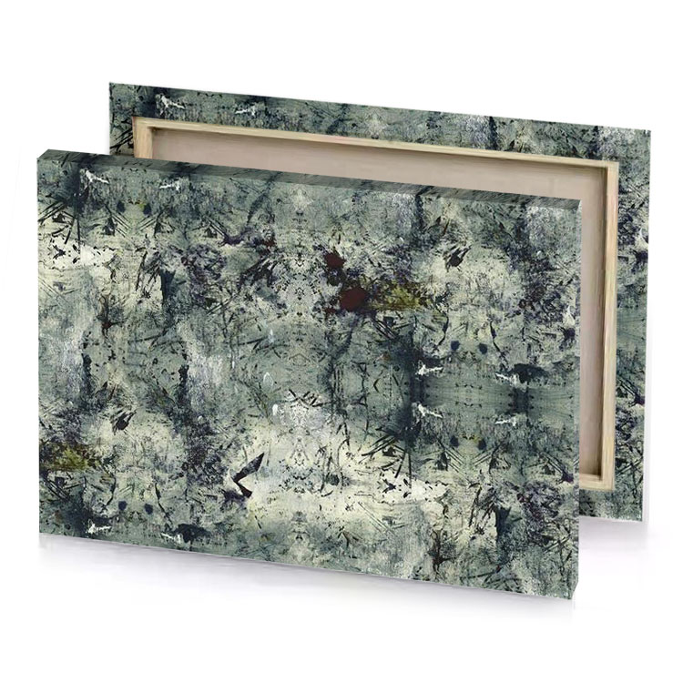 a large abstract painting with black and white paint dim gray canvas