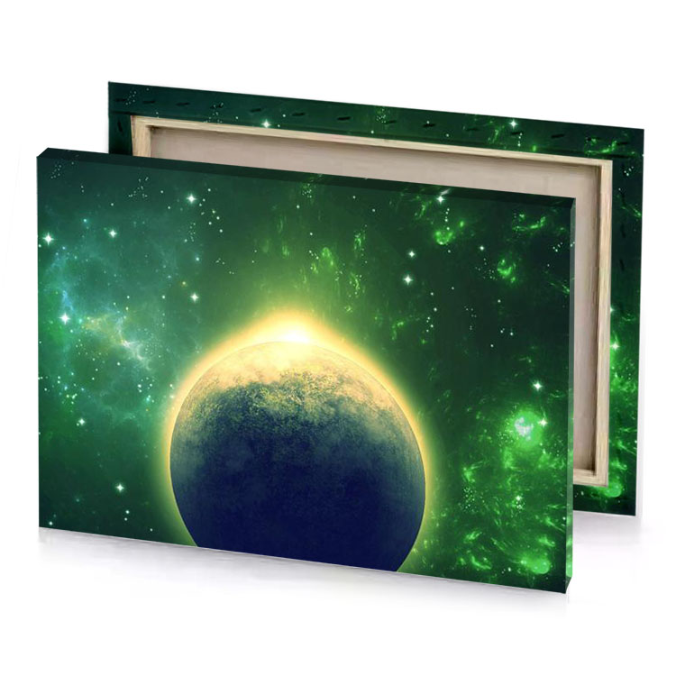 a large blue planet surrounded by green stars vanilla canvas