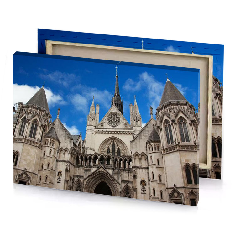 a large building with clock on the top denim blue canvas