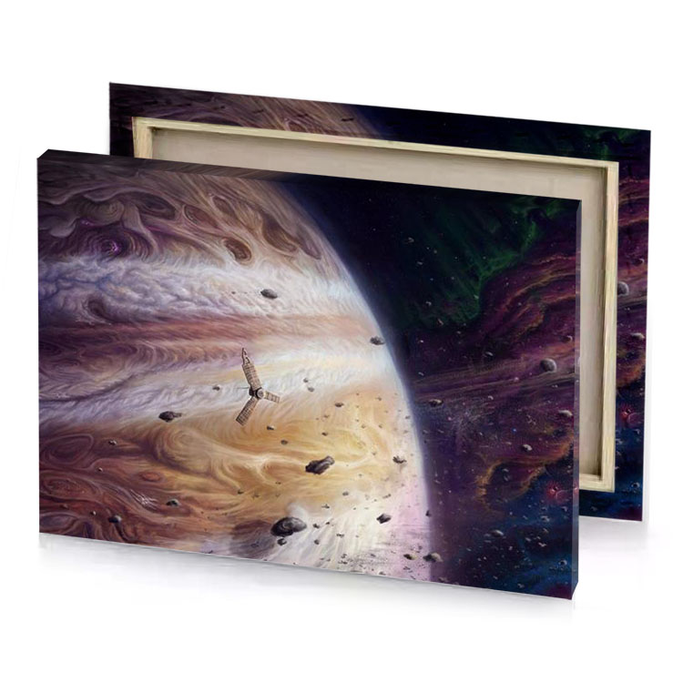 a large colorful white and purple planet with black object tan canvas