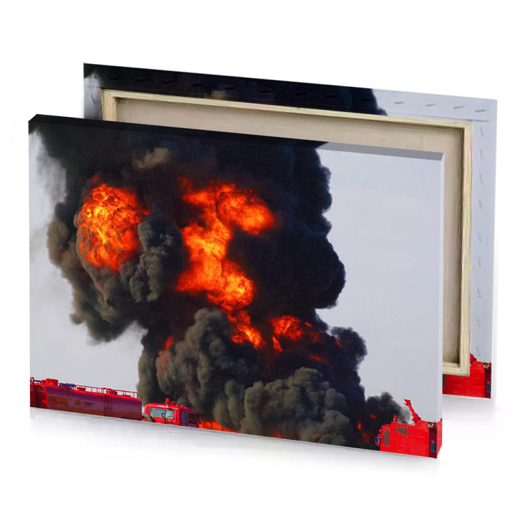 a large fire is burning in the sky international orange canvas