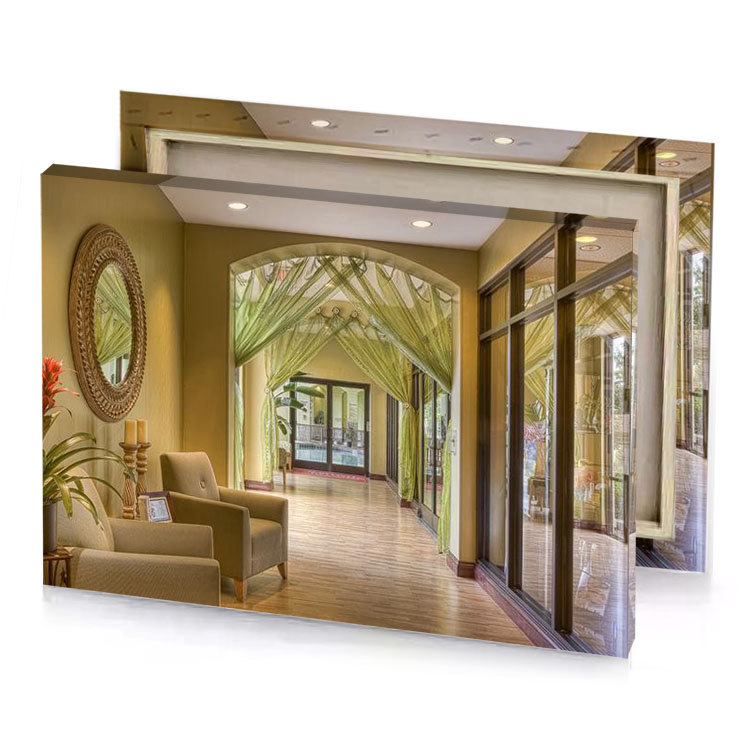 a large hallway with mirror and chair dark khaki canvas