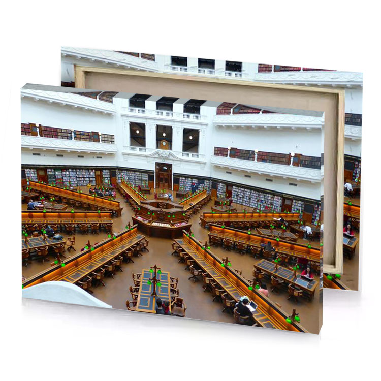a large library with many books on the shelves sepia canvas