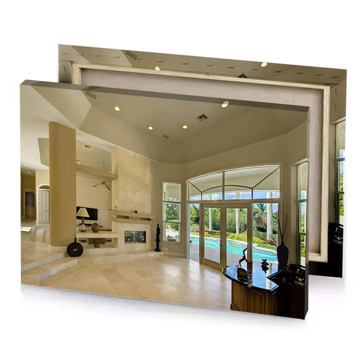 a large living room with pool and fireplace camouflage green canvas