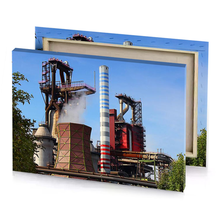 a large red and white pipe sky blue canvas
