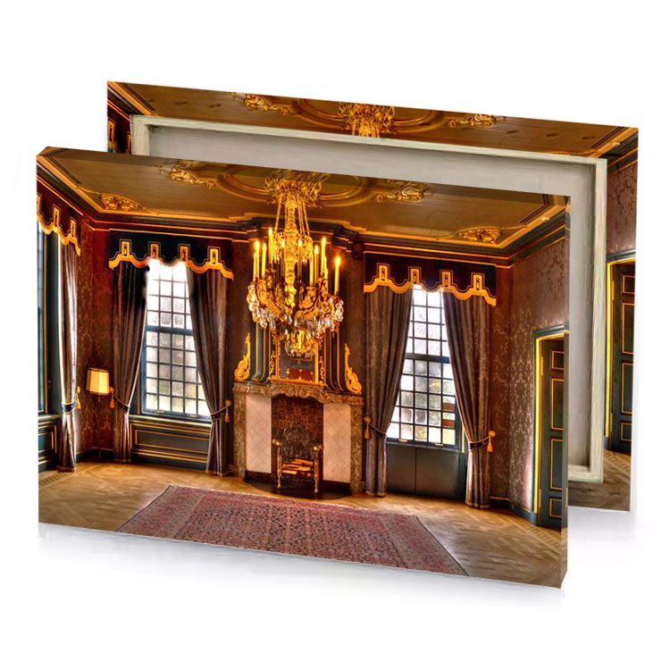 a large room with fireplace and chandel bistre canvas