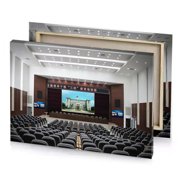 a large room with rows of chairs sky blue canvas