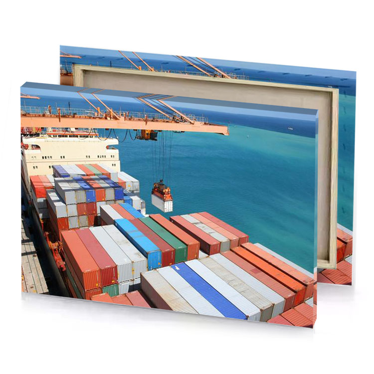 a large ship with many containers on it teal blue canvas
