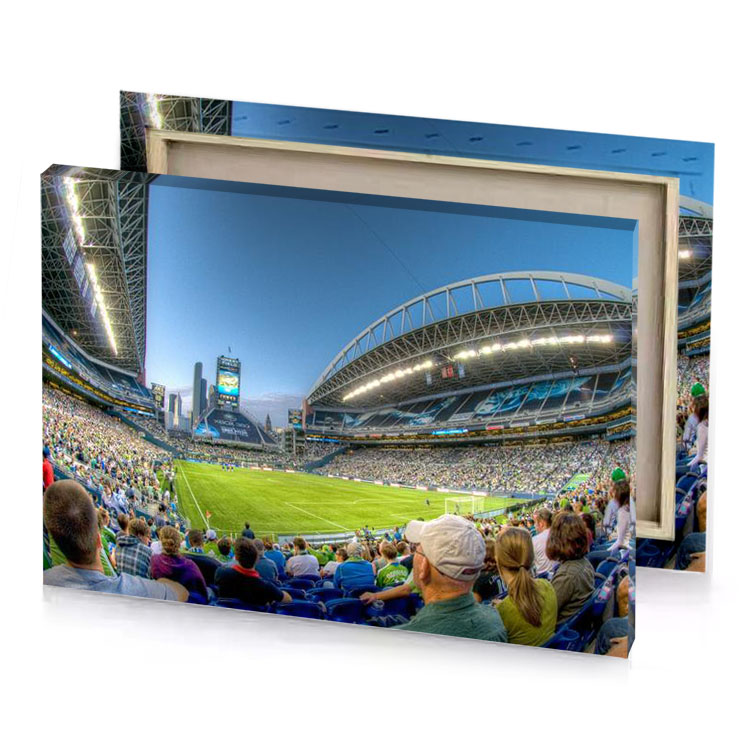 a large stadium filled with people watching soccer game yellow green canvas