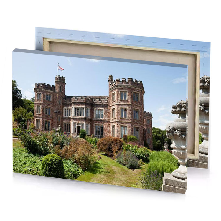 a large stone building dark olive green canvas