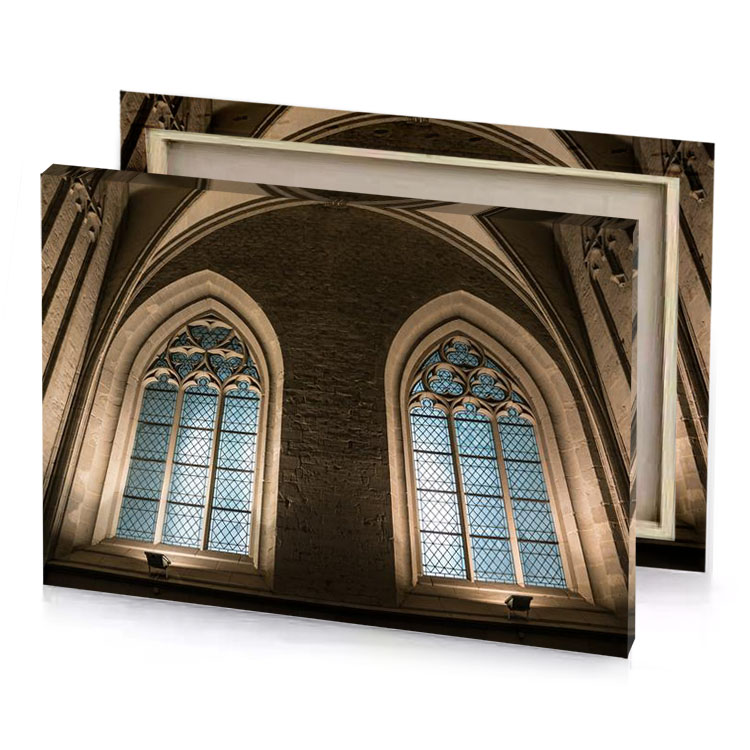 a large stone building with two windows and clock bistre canvas