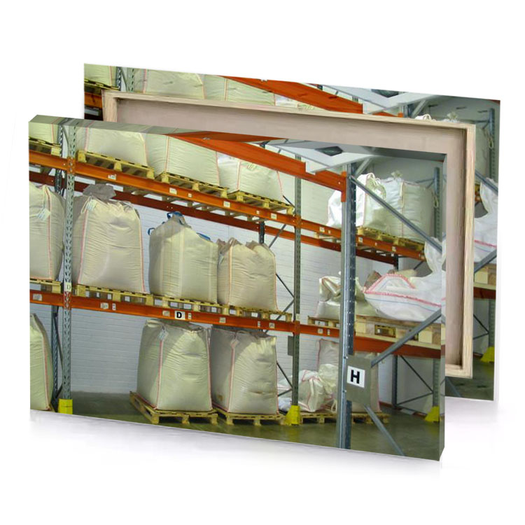 a large warehouse with lot of bags on the shelves rosy brown canvas