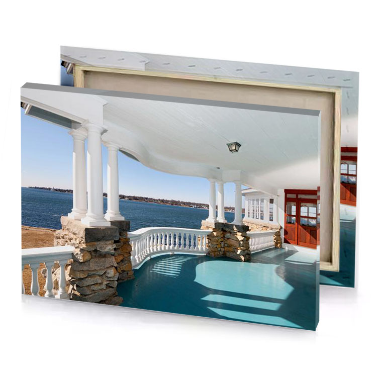 a large white porch with pool and red door light blue canvas