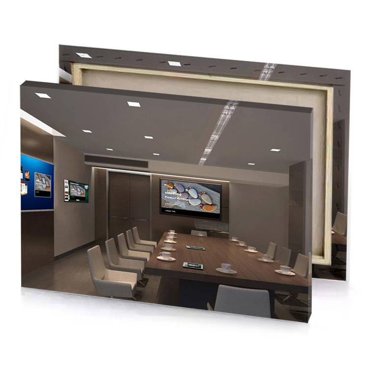 a large wooden table gray canvas