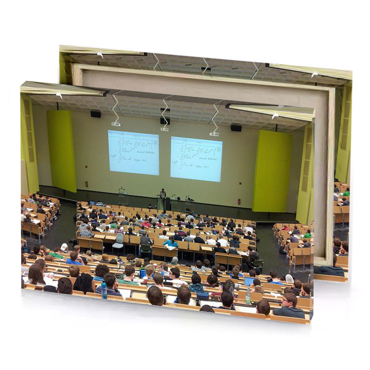 a lecture hall full of students camouflage green canvas