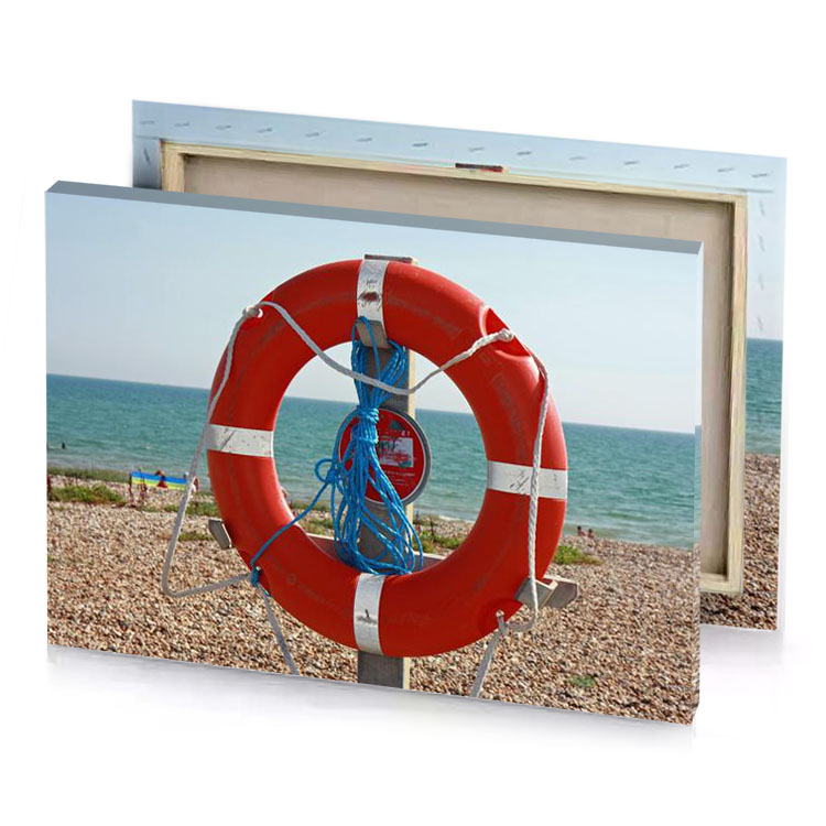 a life preserveer on beach with body of water in dark red canvas