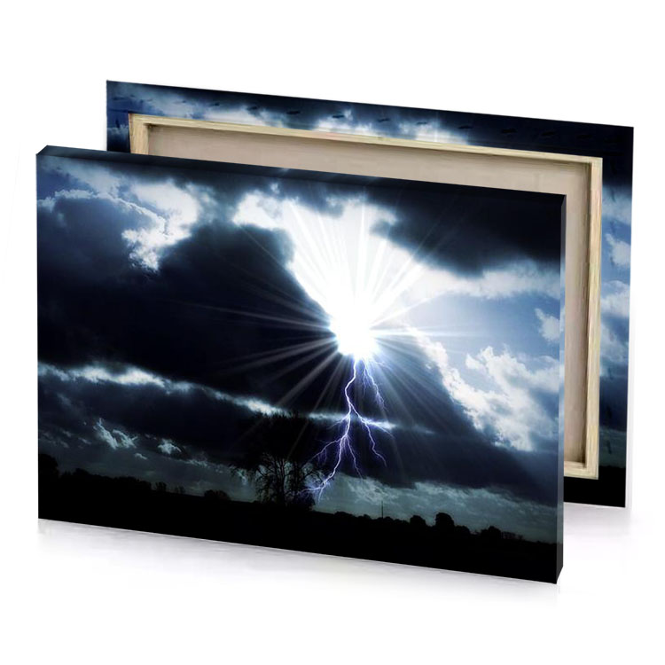 a lightning bolt in the sky above field white smoke canvas