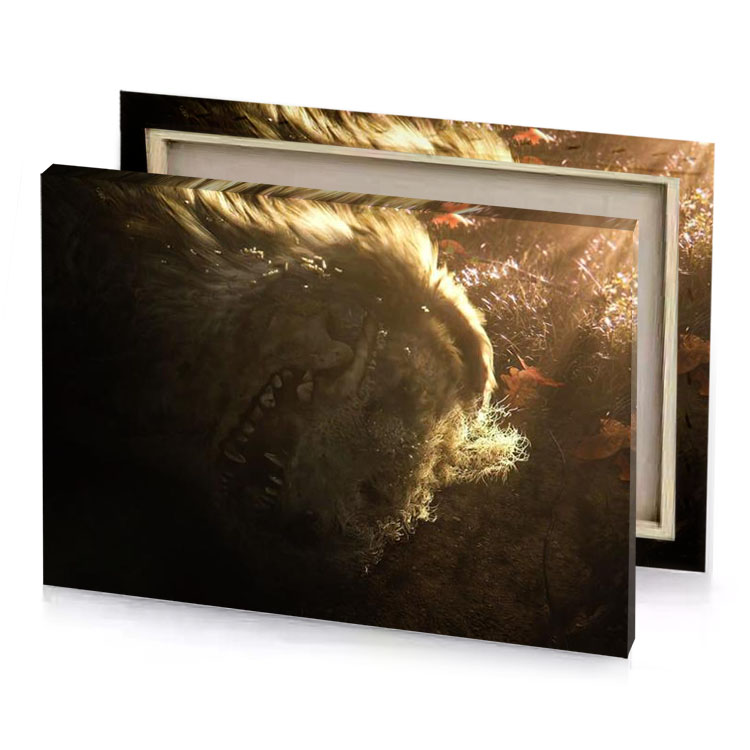 a lion is walking through the grass bistre canvas