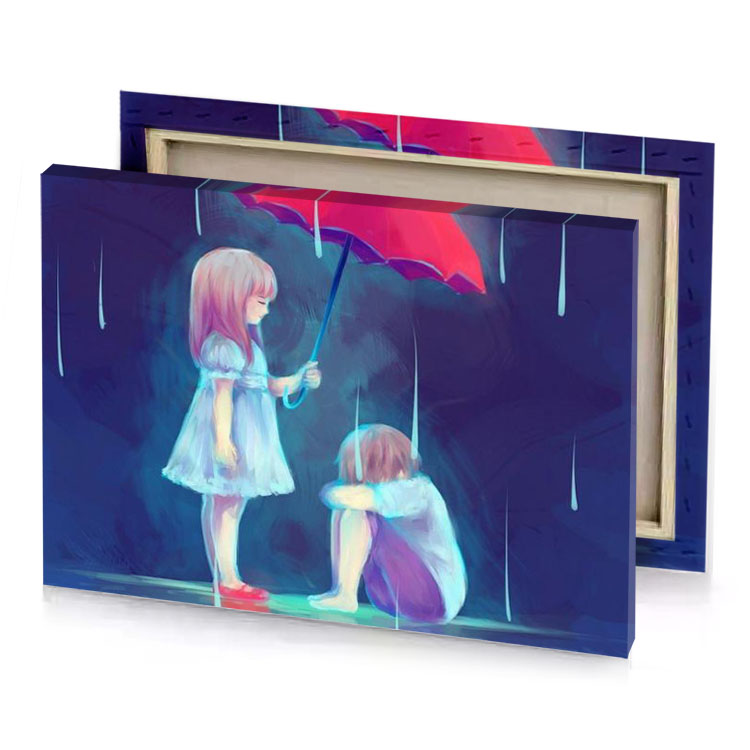 a little girl holding an umbrella and dark cornflower blue canvas