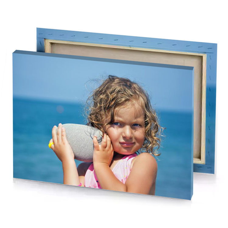a little girl holding stone steel blue canvas
