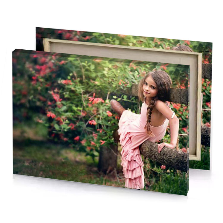 a little girl in pink dress standing on tree branch hunter green canvas