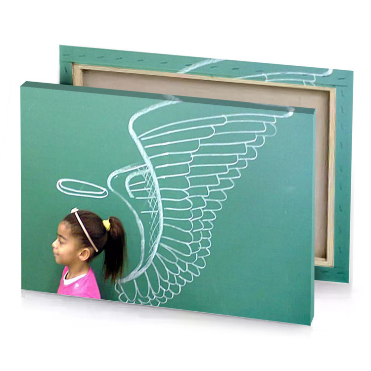 a little girl standing in front of chalk drawing an cadet blue canvas