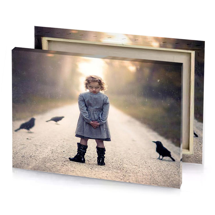 a little girl standing on road with crow champagne canvas