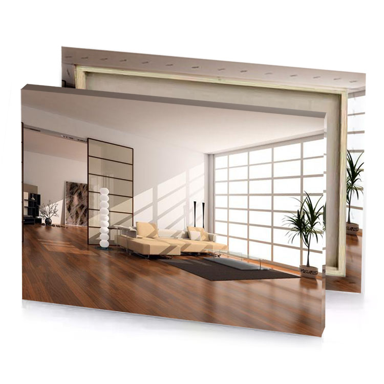 a living room with couch and large window linen canvas