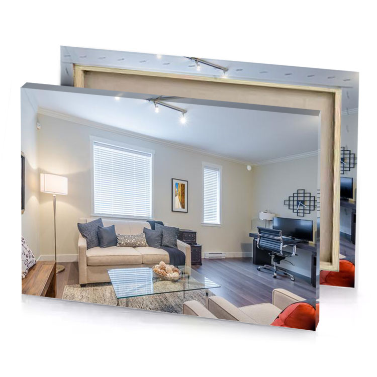a living room with couch coffee table and television lavender canvas