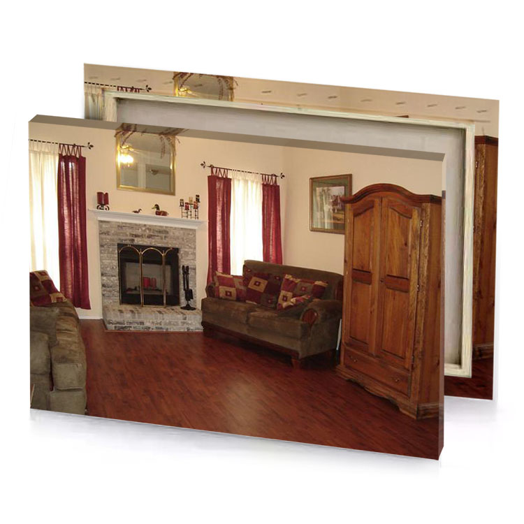 a living room with fireplace and couch camouflage green canvas