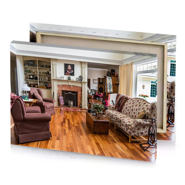 a living room with fireplace and couch peru canvas