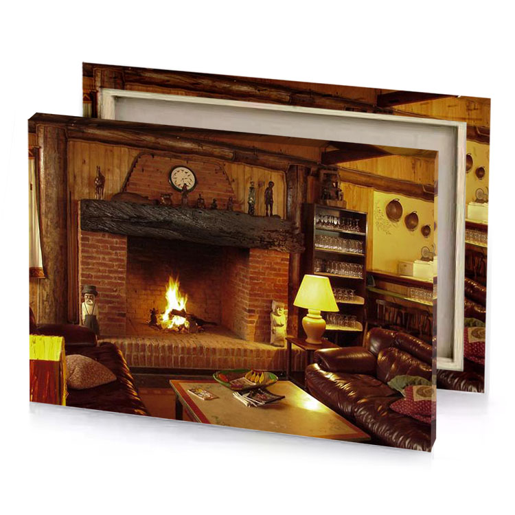 a living room with fireplace and couch sepia canvas