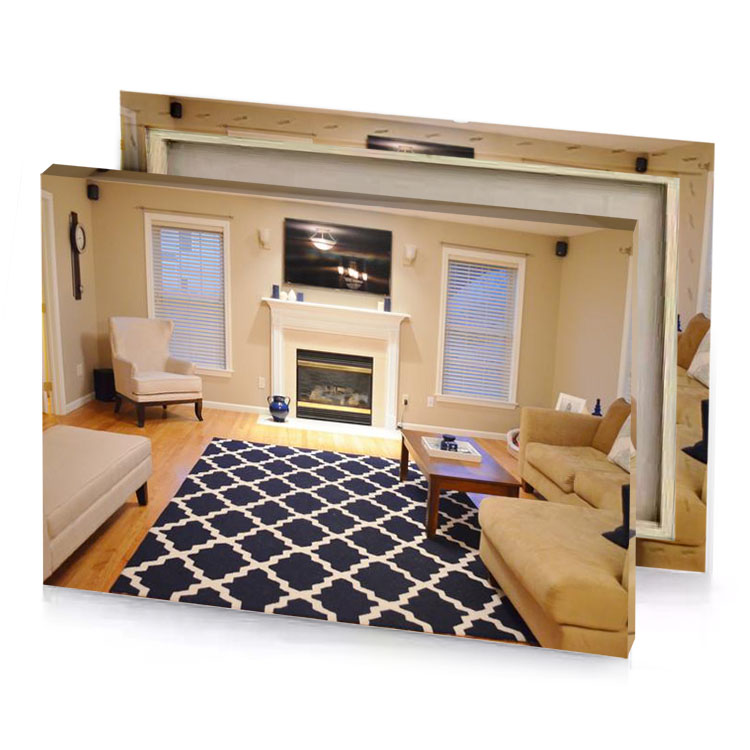 a living room with fireplace and large rug tan canvas
